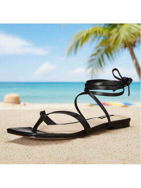 Nine West News3 Lace Up Strap Sandals Flats Flip Flops 7 M - BLACK